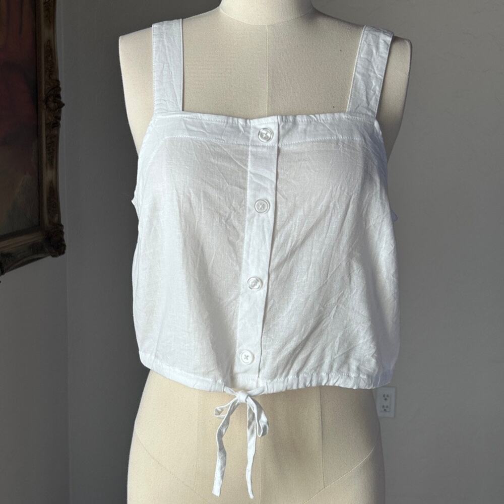 Linen Crop Top Euro Summer Square Neck Peasant Coastal Prairie Tie Hem Women M